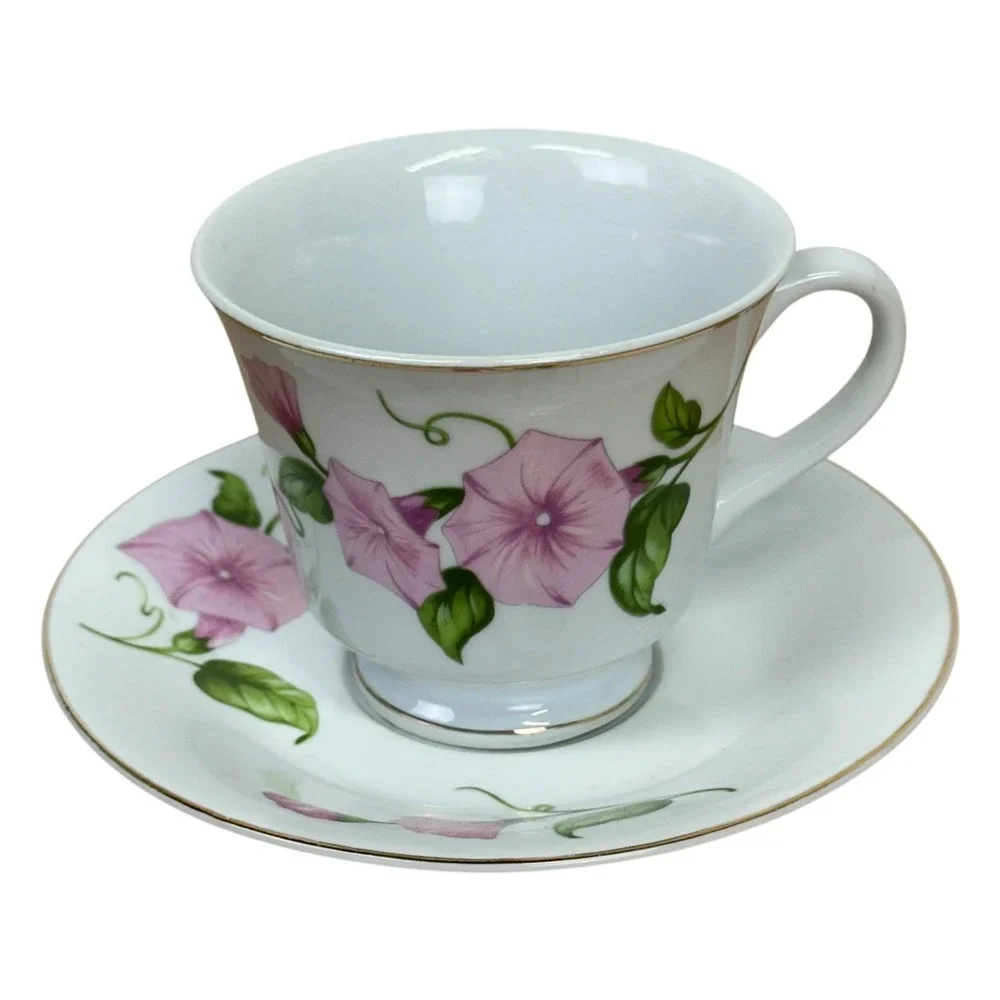 Teleflora Porcelain Tea Cup Saucer Set Pink Morning Glory Floral‎ Gold Trim